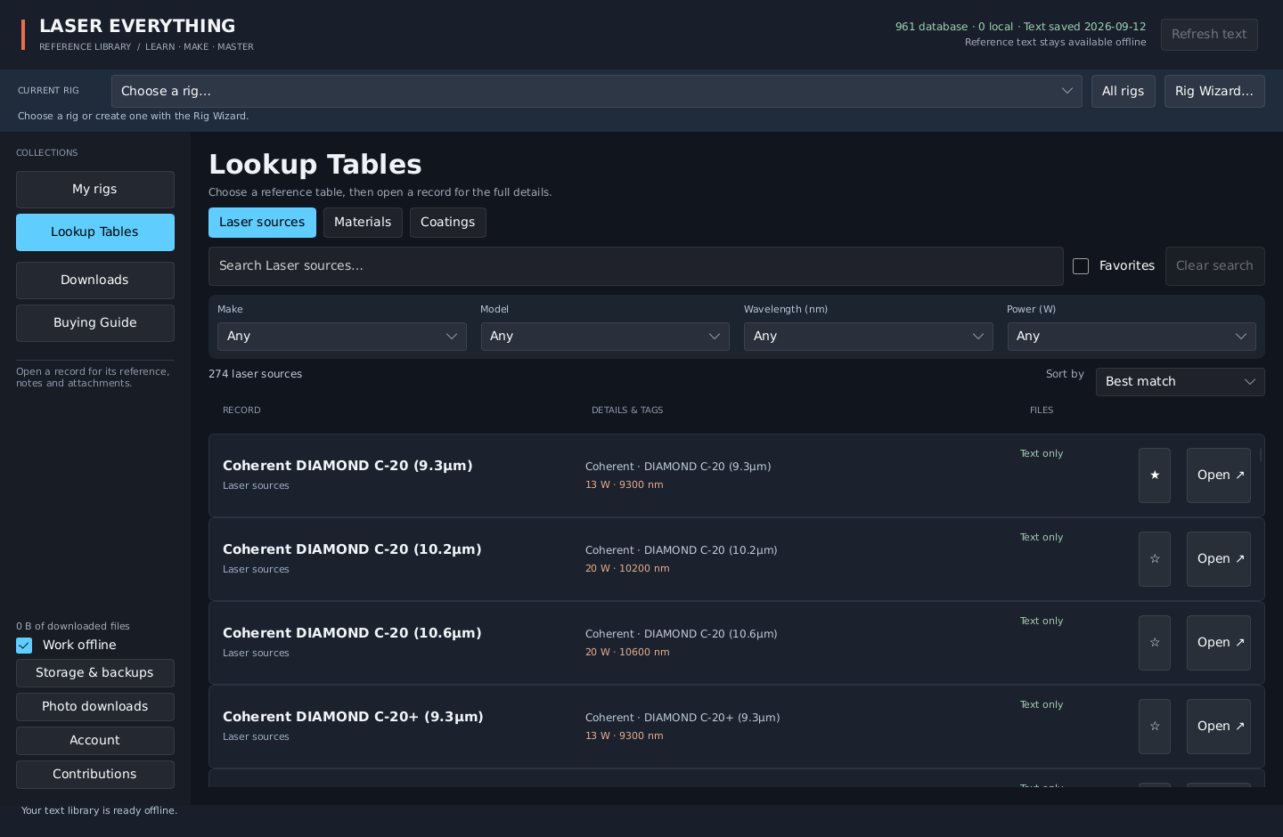 Laser Everything desktop library, with separate navigation for lookup tables, settings, downloads, and the buying guide.