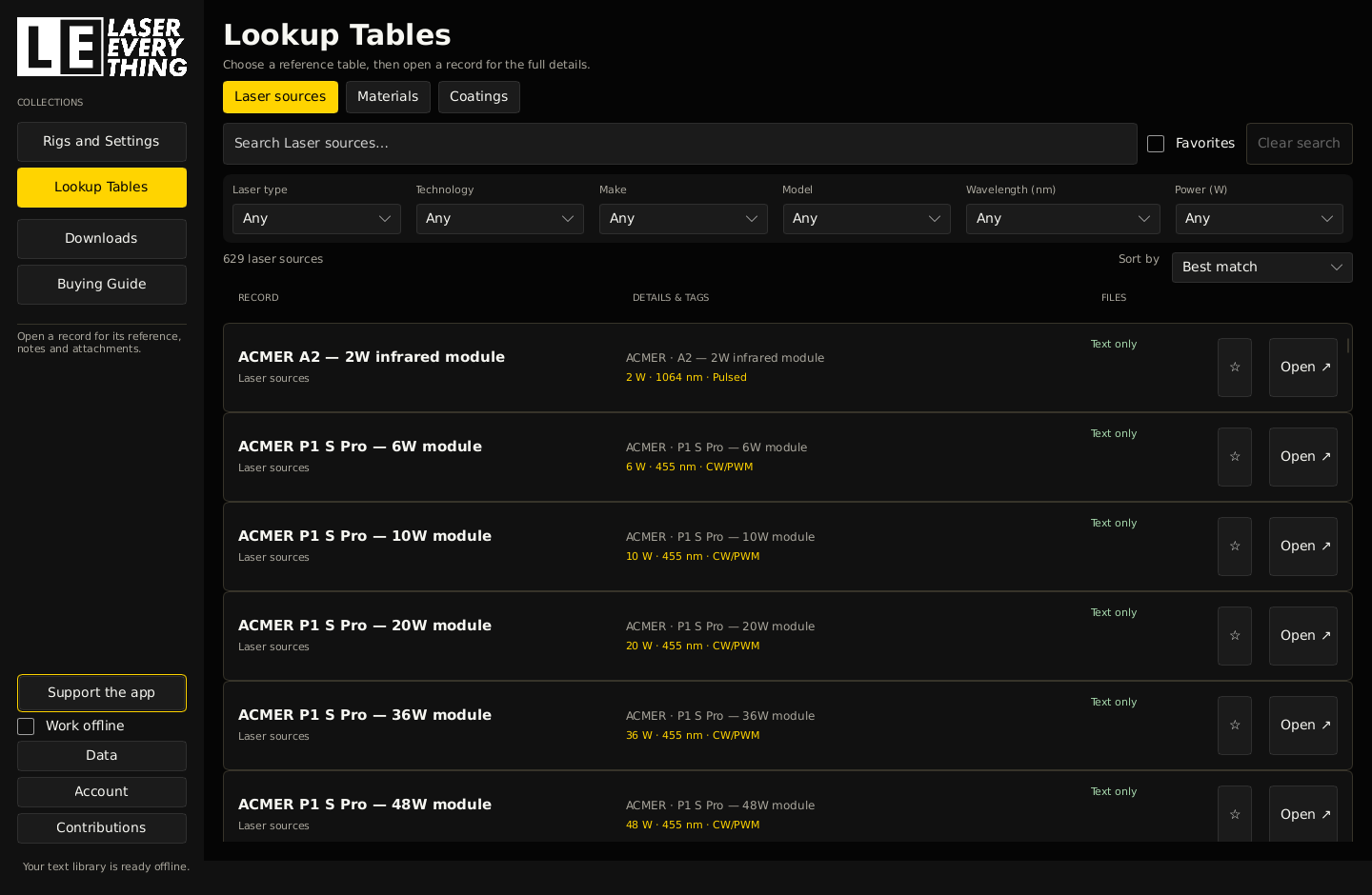 Laser Everything's yellow-and-black Lookup Tables screen, with laser source filters and compact source specifications.